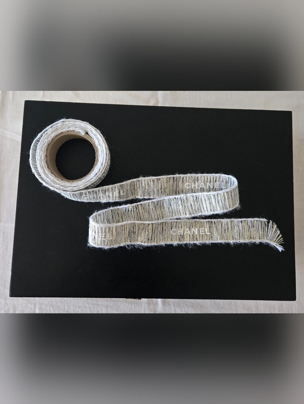 Chanel White & Metallic Gold Ribbon